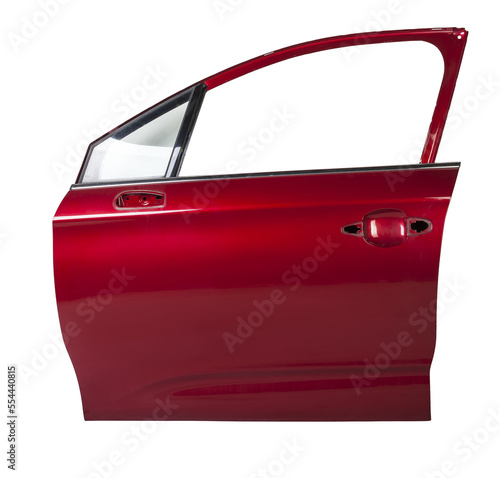 The red front door of the car on a white isolated background. Body repair of vehicles in a service workshop.