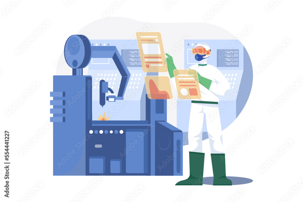 Male technician wearing virtual reality headsets at the semiconductor manufacturing plant Male technician wearing virtual reality headsets at the semiconductor manufacturing plant