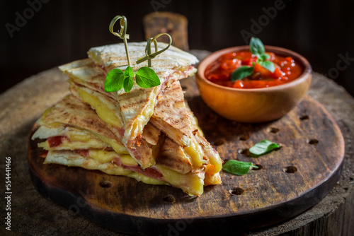 Tasty and spicy quesadilla made of tortilla, herbs and sauce.