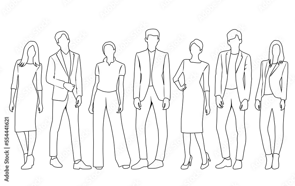 Vector silhouettes of men and a women, a group of standing business people, linear sketch, black and white color isolated on white background Vector silhouettes of men and a women, a group of standing business people, linear sketch, black and white color isolated on white background