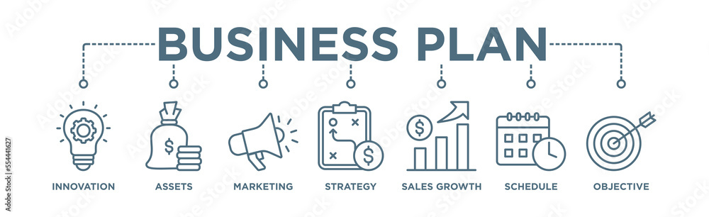 Business plan banner web icon vector illustration concept with icon of innovation, assets, marketing, strategy, sales growth, schedule, and objective Business plan banner web icon vector illustration concept with icon of innovation, assets, marketing, strategy, sales growth, schedule, and objective