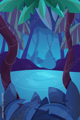 Jungle forest game splash screen, vertical background dark magic night in cartoon style. Ui design elements trees, plants, leaves © Alyona