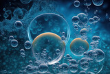 Abstract bubbles in water with a blue backdrop and large air bubbles. Generative AI