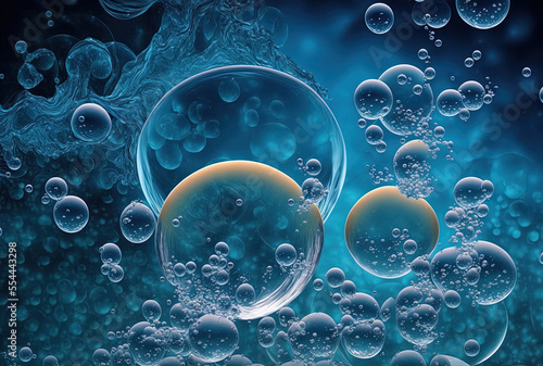 Abstract bubbles in water with a blue backdrop and large air bubbles. Generative AI
