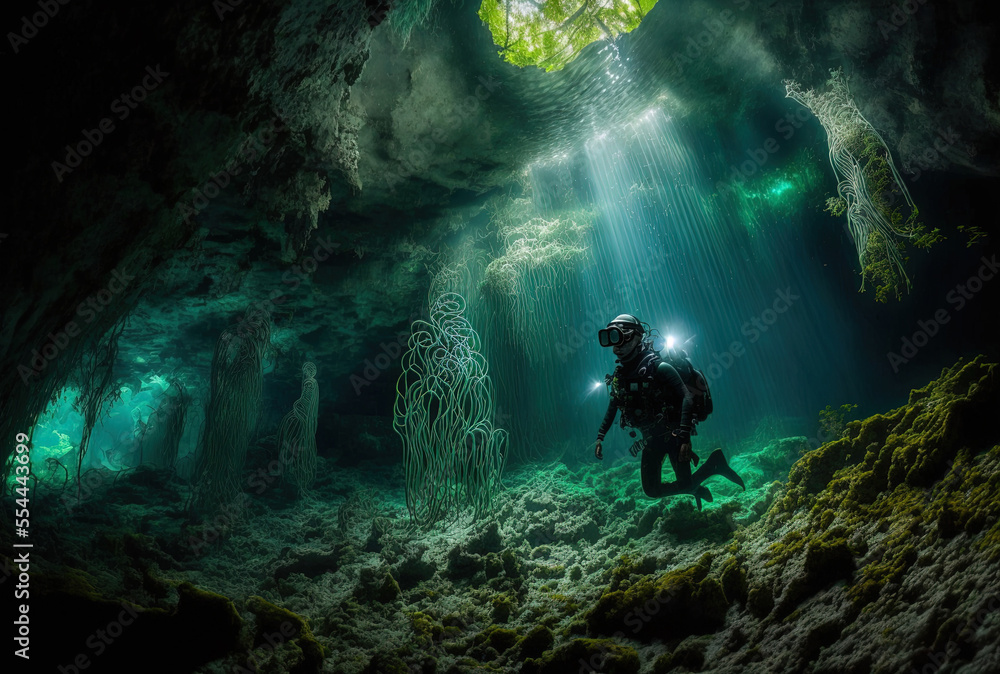 Mexico's Cenote Angelita, cave diving, extreme underwater experience, and underwater fogscape. Generative AI Mexico's Cenote Angelita, cave diving, extreme underwater experience, and underwater fogscape. Generative AI