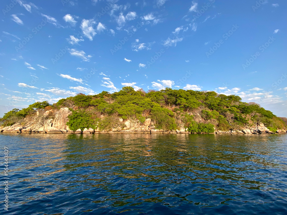 Panoramic view of a beautiful, rocky island on Lake Malawi.