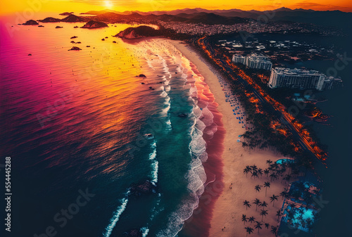 Beautiful beach view, aerial sea view, aerial picture of acapulco beach Concept of travel and vacation. Sunset on the beach was colorful. photography from the air. Generative AI