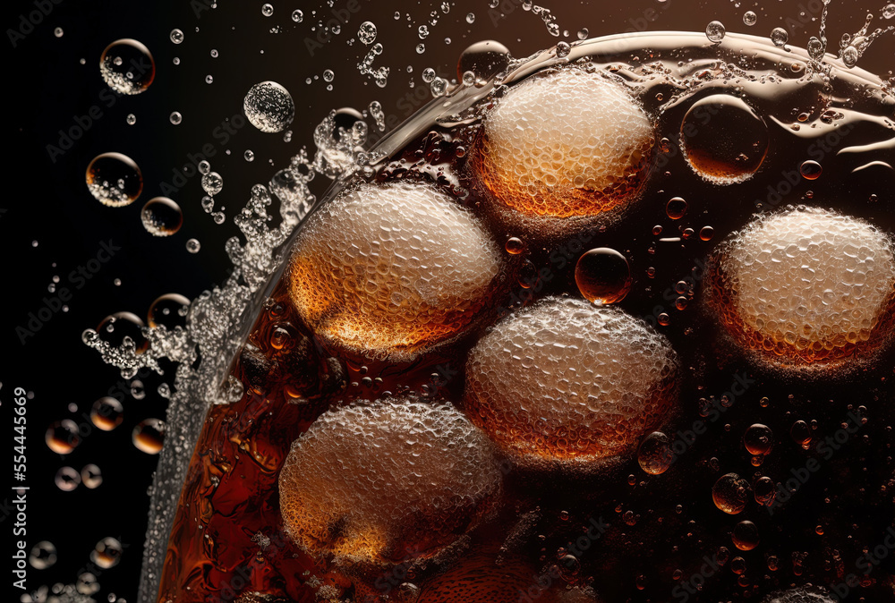 Ice crystals up close with a dark cola backdrop. froth and little ...