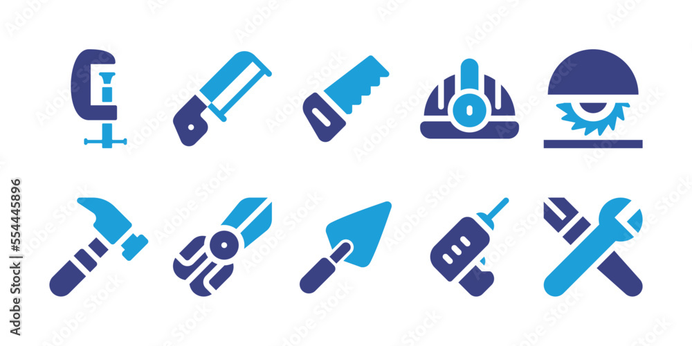 Construction icon set. Duotone color. Vector illustration. Containing construction, saw, hand saw, helmet, circular saw, construction and tools, trowel, drill, skills.