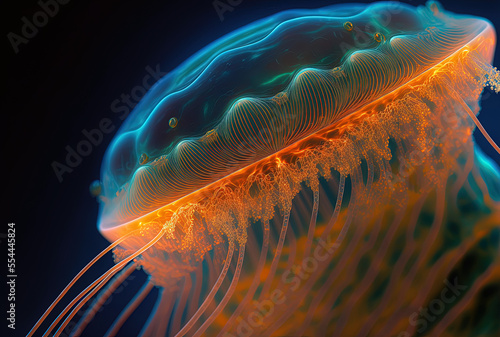 Macro of a stunning mastigias papua jellyfish. Generative AI photo
