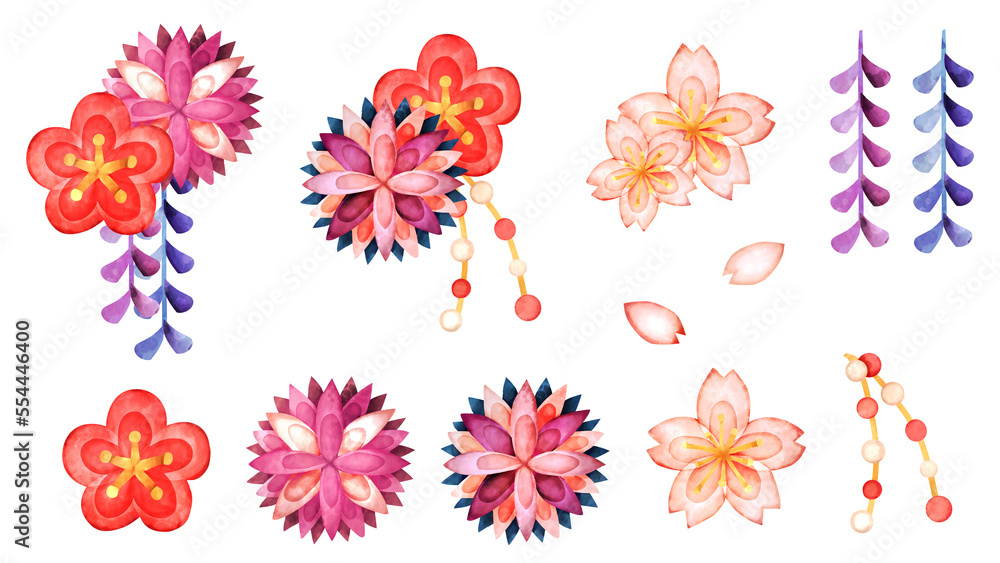 Fototapeta premium つまみ細工の花の水彩風イラストセット
