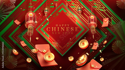 Red luxury style background with realistic chinese new year ornaments on square frame with light effect decorations and bokeh.