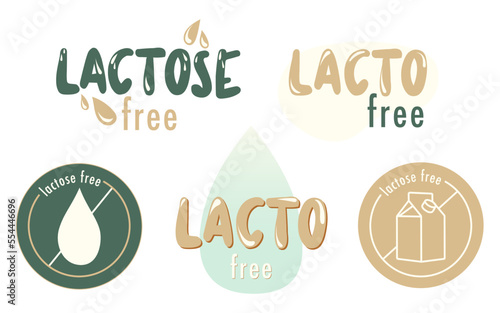 Lactose free emblem, sticker, print, sign. Dairy products free. Drop and package of milk. Healthy and vegan food labels. Hand drawn vector illustration.