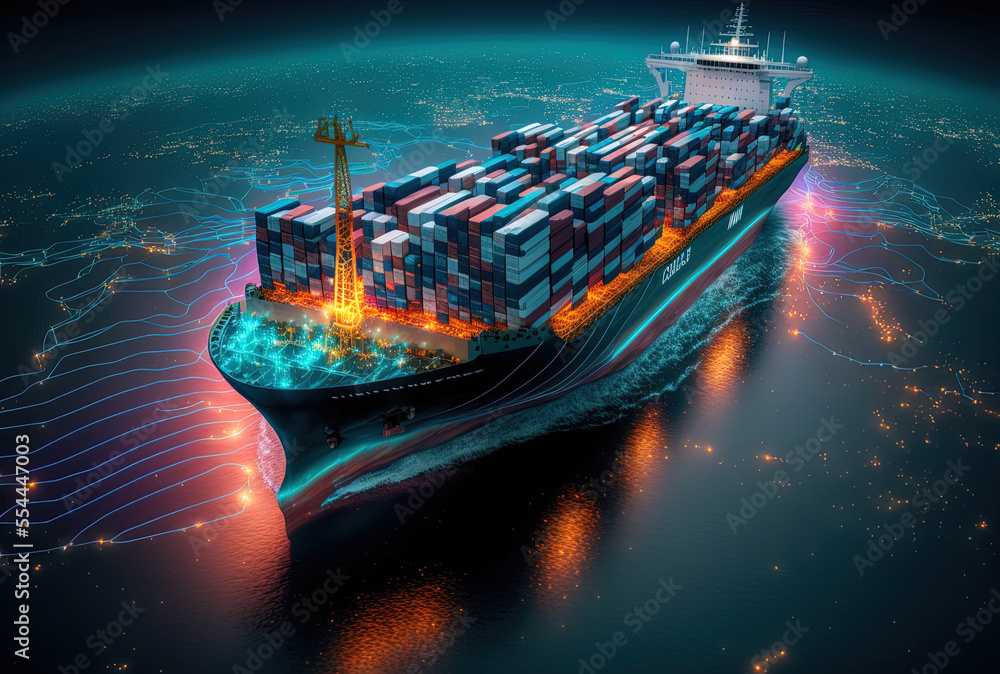 technology for communication in online business Cyber. An aerial picture of a cargo ship carrying containers for export and import is shown on a global world. Service for Freight Forwarding - obrazy, fototapety, plakaty 