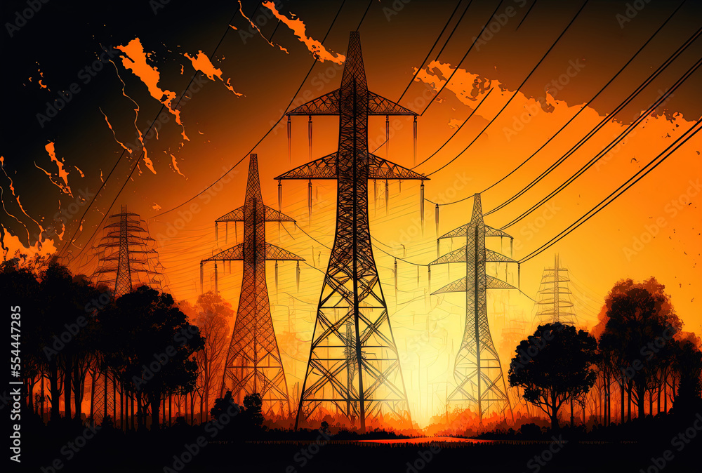 High voltage electrical towers in silhouette against a sunset colored ...