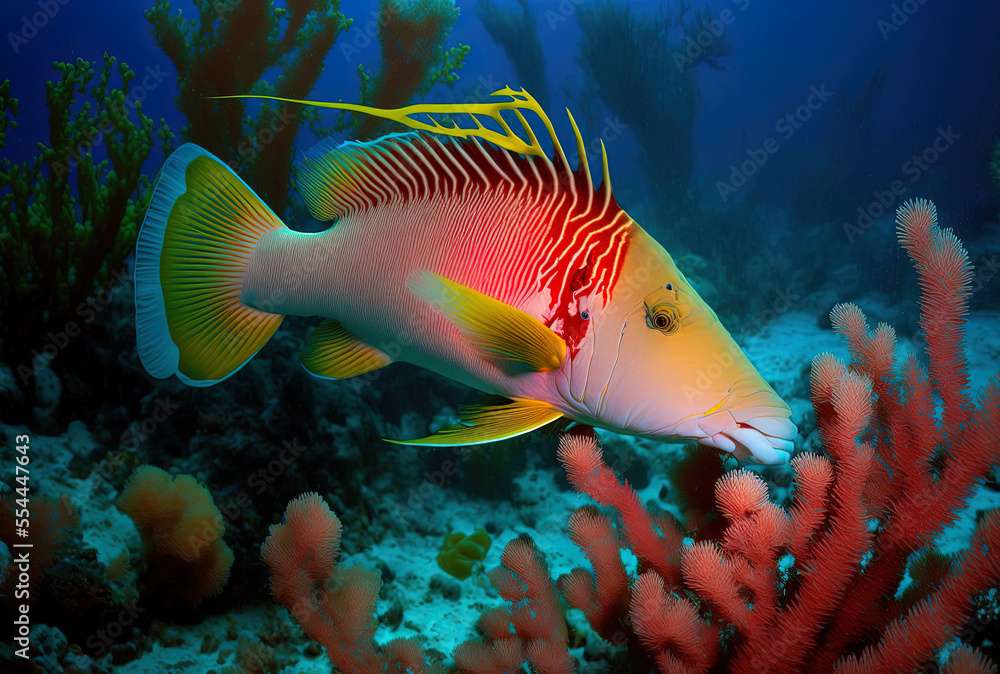 Blackbelt hogfish on coral reefs and on the ocean floor are stunning. Generative AI Stock