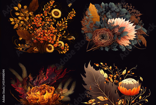 Autumn flower backgrounds  bouquets of fall flowers  and compositions of autumn wildflowers in anime style. Generative AI