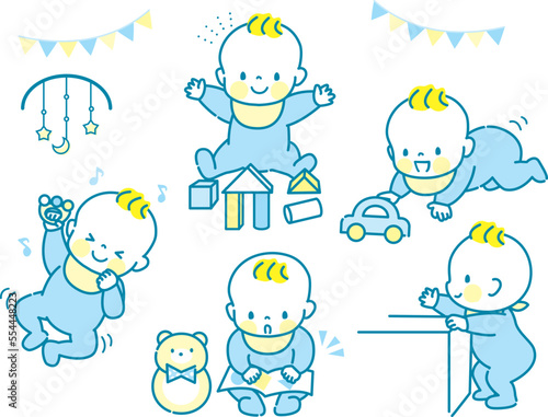 元気に遊ぶ赤ちゃんの表情イラストセット素材