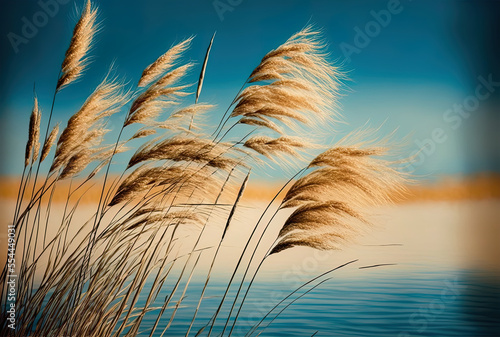 Lakeside pampas grass, reed layer, and reed seeds. In contrast to the azure sky, golden reeds on the lake wave in the breeze. abstract picture of the outdoors. lovely design in calming tones. selectiv photo