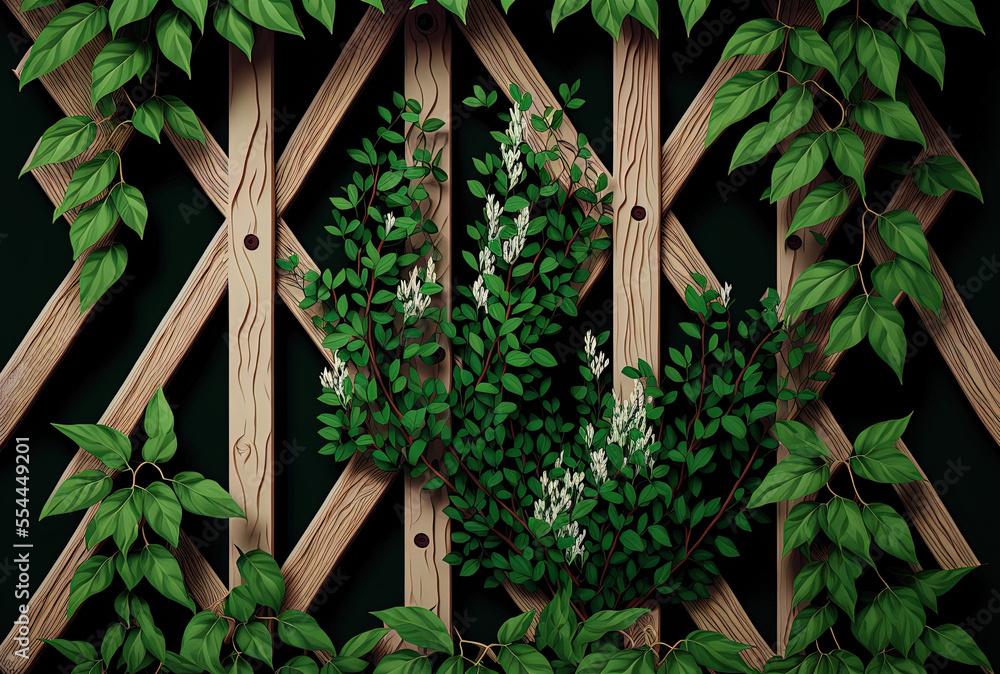 Herbal foliage with green and white leaves on a garden trellis backdrop