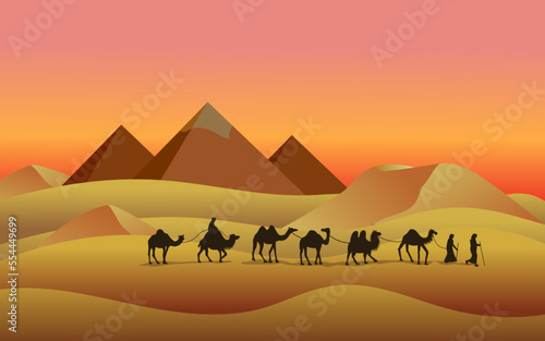 Egypt pyramids. Camels in Egyptian desert. Caravan silhouette in sunset or sunrise scenery. Bedouins travel in sands of Sahara. African panorama. Vector illustration current background