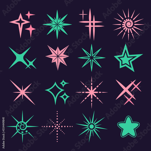 Sparkle stars set, christmas twinkle colorful icons. Magic shine effect, glitter shiny shapes, light pink and green glow spark firework. Bright geometry pictograms vector flat current symbols