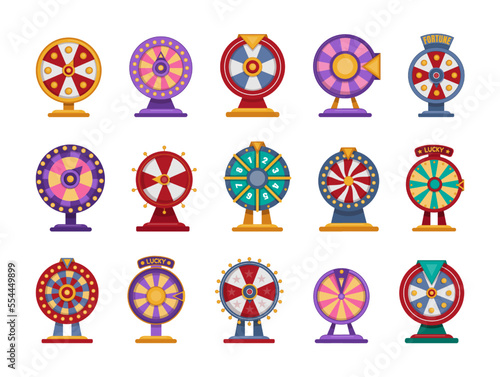 Fortune game prize set, roulette wheel flat style illustration. Circle modern target, luck spin in lottery, success win in casino. Casino entertainment element. Vector design tidy icons