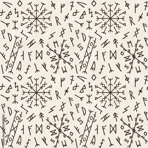 Viking rune pattern, norse symbols. Iceland nordic magic tattoo, runic futhark, nord signs. Decor textile, wrapping paper, minimalist monochrome ornament. Vector seamless utter background