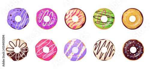 Donuts set. Round confectionery, chocolate vanilla and fruit donut top view. Colorful pastry, doughnut decorating, cake with topping, cute food, sweet dessert. Vecto recent illustration