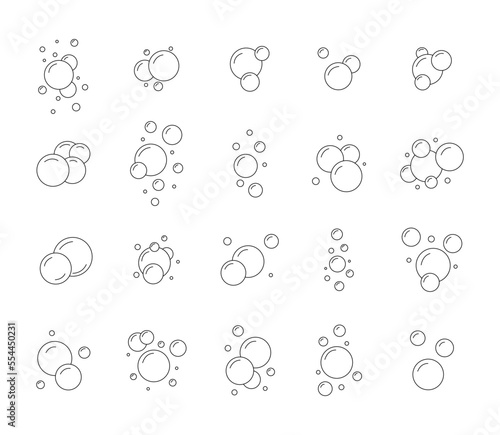 Soda bubble icons, line soap elements, oxygen molecules. Clear liquid and soapy foam, bath boiling gel, sea and shower, suds circles. Vector isolated illustration recent pictogram