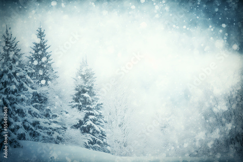 Winter forest landscape with heavy snowfall as background. Generative AI.