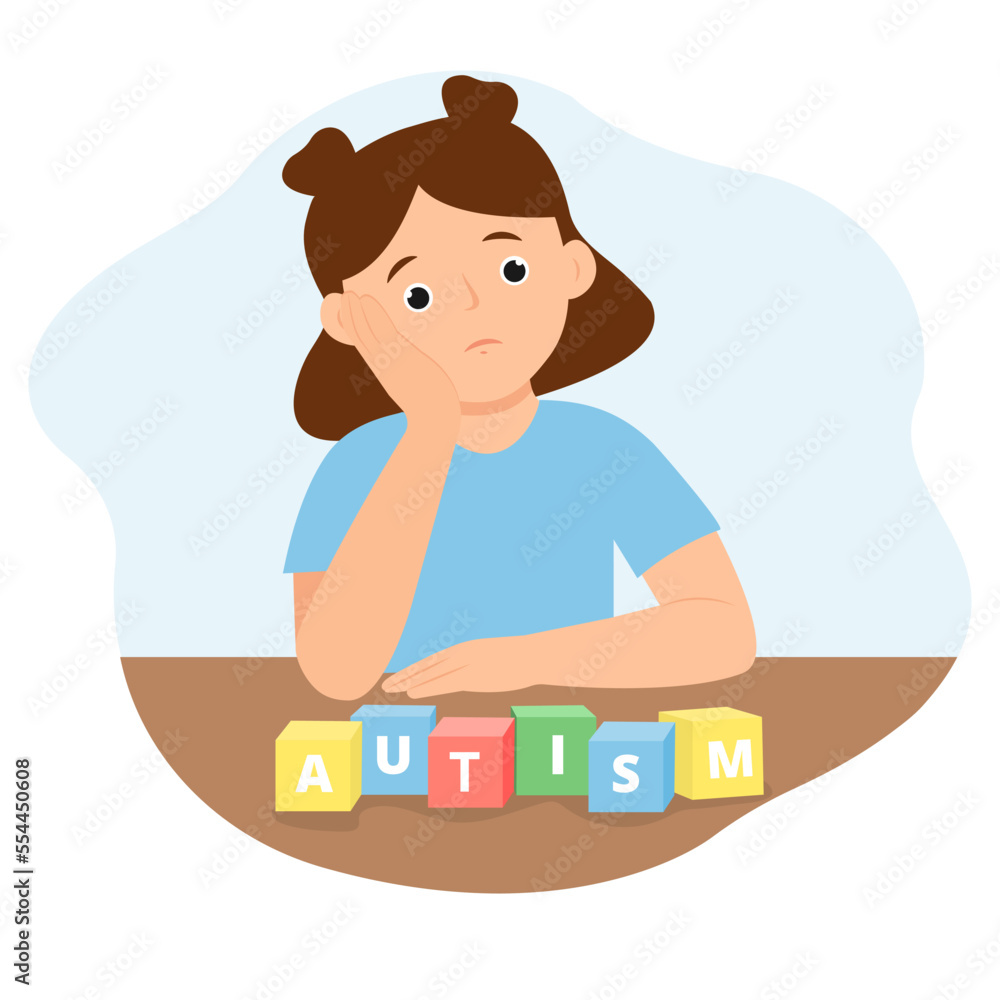 Children autism.Sad girl playing alone with cubes toys.Kid with autistic disorder. Vector illustration.