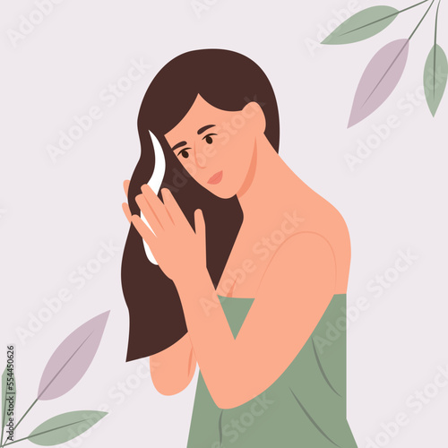 A girl applies a mask to her hair. Woman  takes care about her hair, doing home spa procedure. Hair treatment. Healthy hair. Vector illustration.