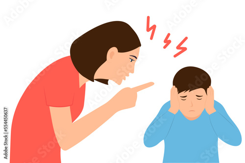 Mother scolding her upset son.  Mom  yelling at child, kid is afraid and closes her ears with her hands.Quarrel of parents and children. Vector Illustration