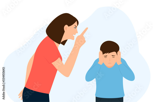 Angry mother screaming at  son. Mom punishing sad kid for breaking rules or bad behavior. Kid is afraid and closes her ears with her hands.Quarrel of parents and children. Vector Illustration