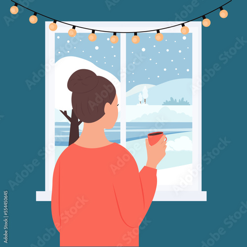A lady with a cup of hot tea or coffee enjoys the winter landscape. .Winter window, snowy weather.Vector illustration