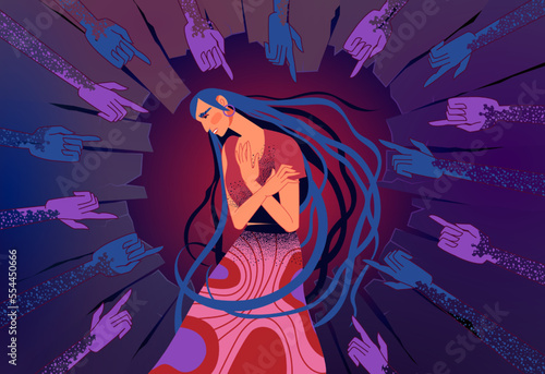 Sad shame woman. Unhappy victim people. Blame fingers. Depressed female. Quilt ashamed person. Discrimination and bullying. Pointing hands. Society violence. Vector exact illustration