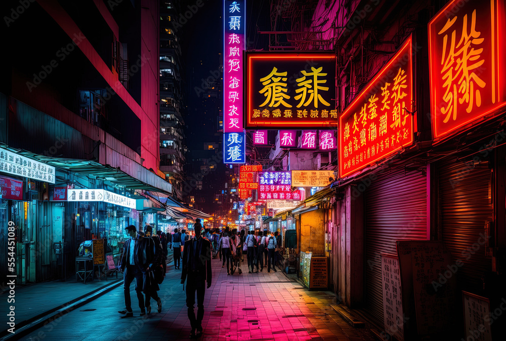 On June 19, 2015, in Hong Kong, neon lights lined Tsim Sha Tsui Street. Hong Kong's Tsim Sha Tsui street is a well known destination for shopping. Generative AI - obrazy, fototapety, plakaty 