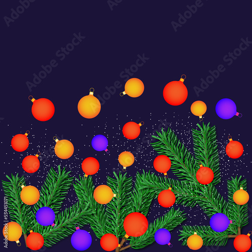 Christmas tree toys. Spruce branches on a dark blue background. Illustration. Graphic image.