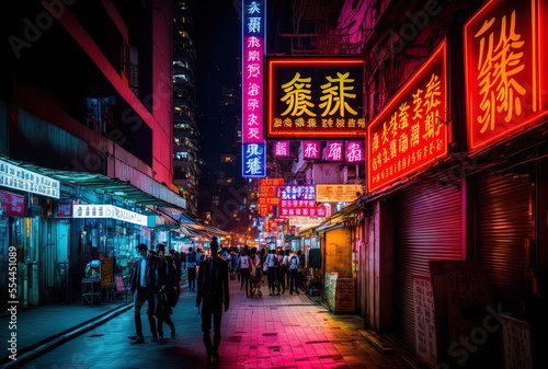 Stampa su tela On June 19, 2015, in Hong Kong, neon lights lined Tsim Sha Tsui Street