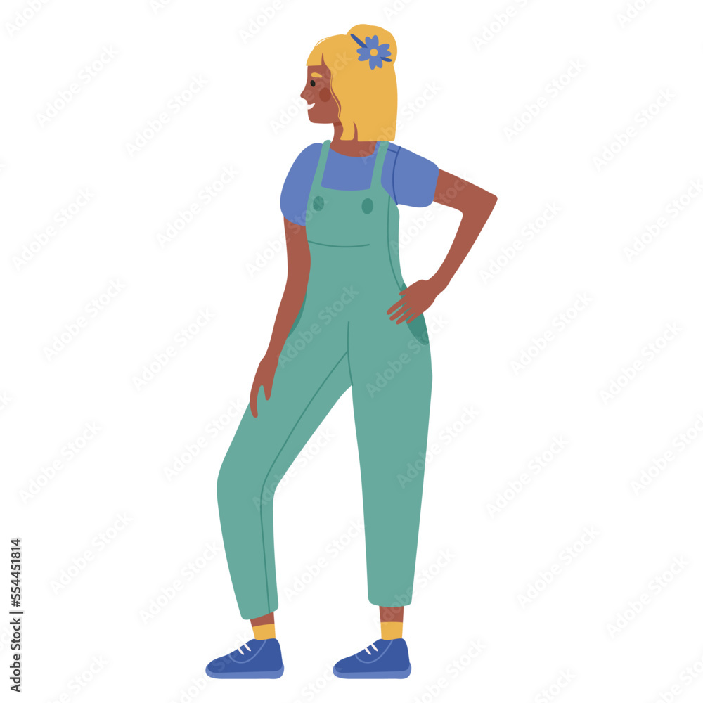 A dark-skinned girl, a woman in a denim suit and T-shirt, with blond hair, stands holding one hand on her belt. Vector illustration
