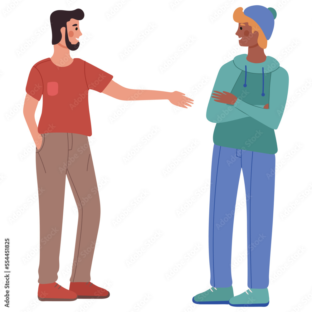 Two guys, men of different races stand in profile opposite each other. One stands with his arms crossed, the second holds one hand in his pocket. Vector illustration. Two guys, men of different races stand in profile opposite each other. One stands with his arms crossed, the second holds one hand in his pocket. Vector illustration.
