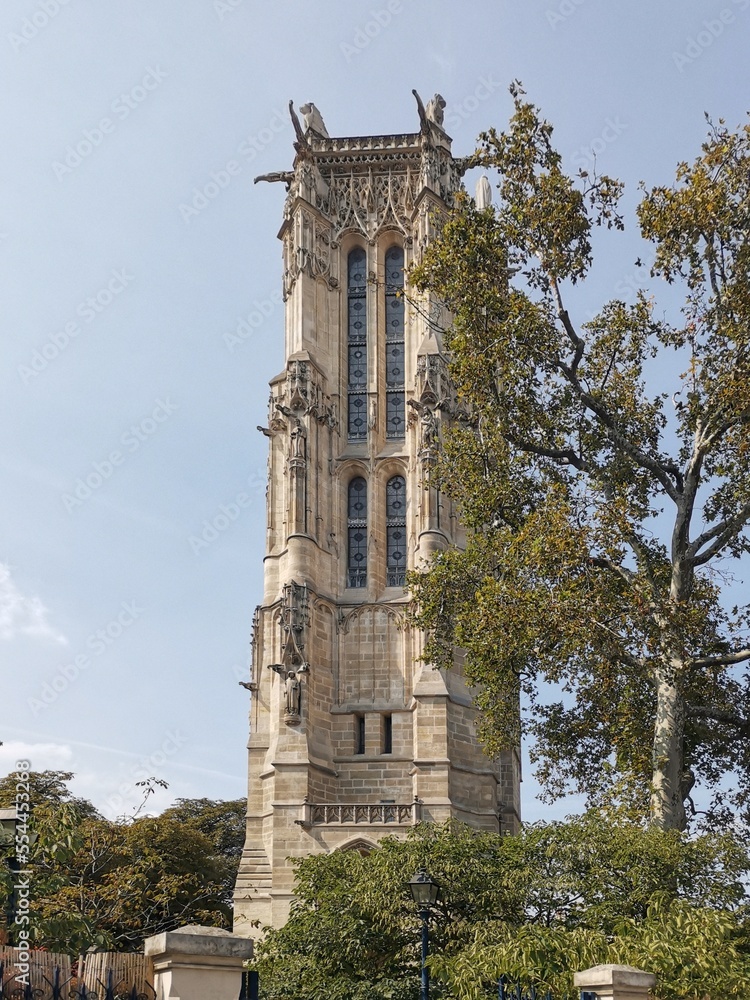 Close-up of the famous tower Saint-Jacques in the heart of Paris Close-up of the famous tower Saint-Jacques in the heart of Paris