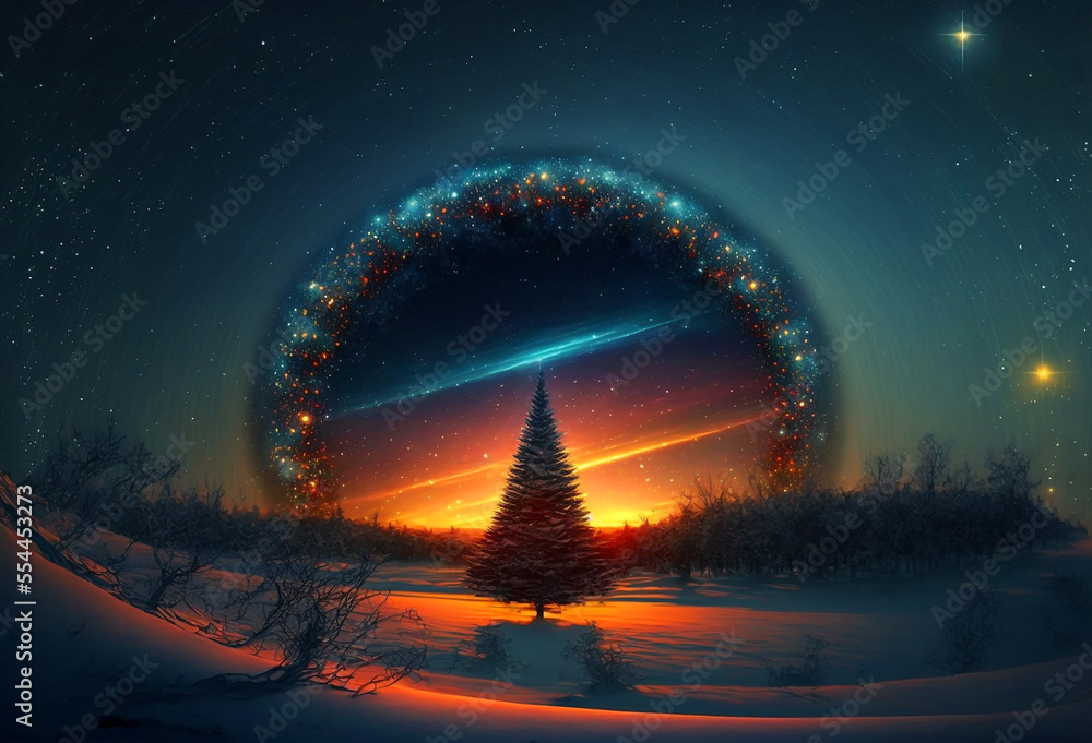 On this Christmas, the starry sky shines on the Christmas tree. Generative AI