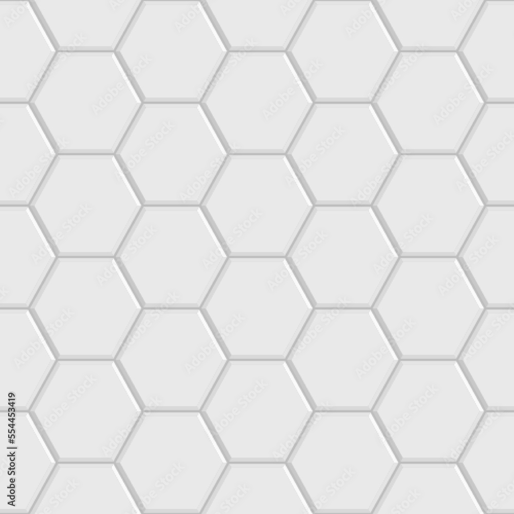 White glossy ceramic hexagon tiles seamless pattern. Modern home interior,  bathroom and kitchen wall texture. Vector gray shiny hexagonal mosaic wall  background. Stock Vector