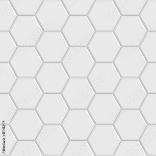 White glossy ceramic hexagon tiles seamless pattern. Modern home interior, bathroom and kitchen wall texture. Vector gray shiny hexagonal mosaic wall background.