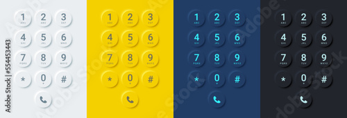 Realistic smartphone dial screen buttons color set. Vector keypad with numbers and letters for phone, screen UI design. Touchscreen device keypad interface in white, yellow, blue and black colors.