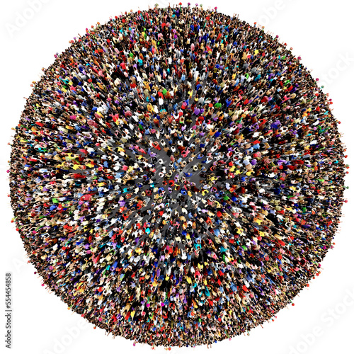Foto Crowd of people gathered together on the surface of a planet, top view, world po