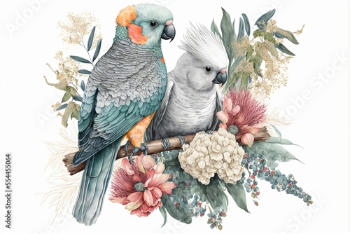 Generative ai illustration. Tropical seamless pattern with parrots and hibiscus. Birds, flowers and jungle palm leaves. Floral illustration isolated on white background for design.