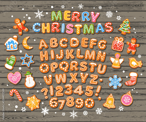 Christmas and New Year gingerbread alphabet. Sugar coated letters and numbers. Cartoon hand drawn vector illustration.